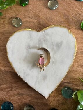 Vintage Gold-Tone Crescent Moon Brooch with Pink Cabochon